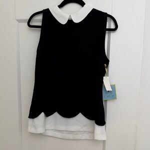 CeCe Black and White Peter Pan Collar Scalloped Hem Camisole, Medium